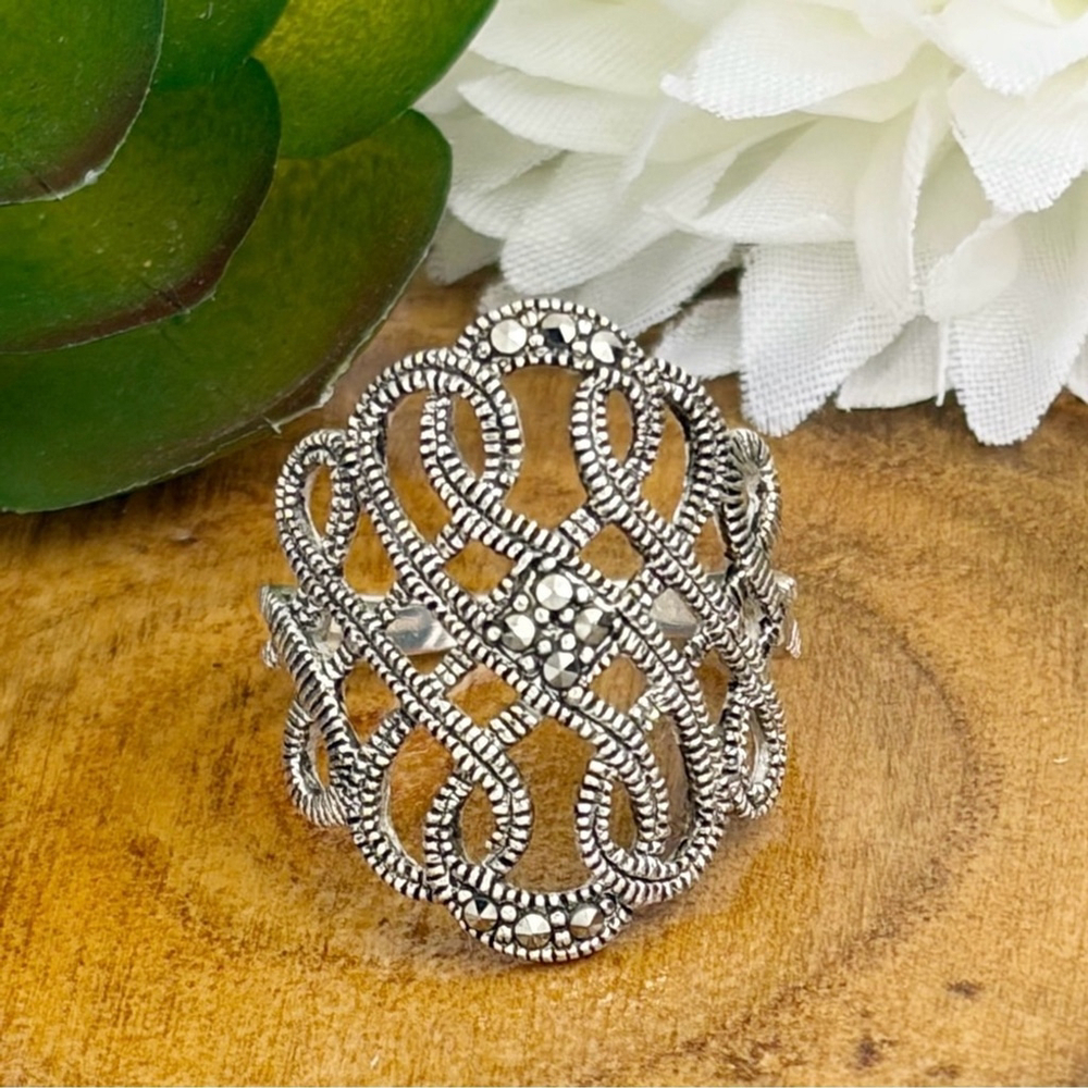 Vintage Art Deco Style Marcasite Ring Size 6 3/4 Size 6.75 Sterling Silver 925